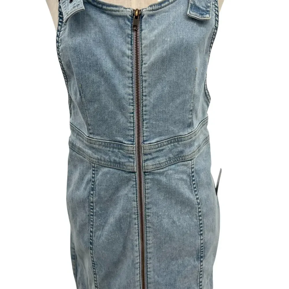 Free People Modern Femme Denim Jumper Dress Zip Front Overall Mini Size 10‎ NWT